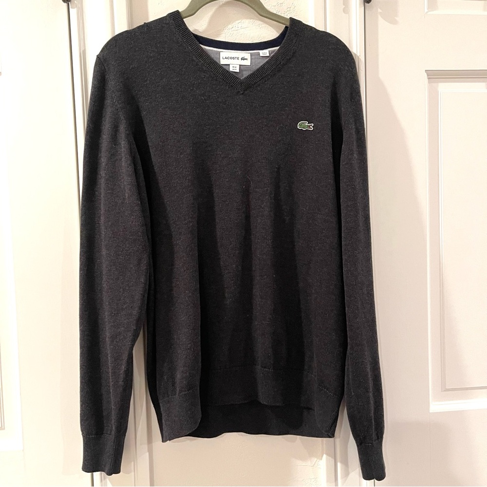 Lacoste Men's 100% Cotton  V-Neck Sweater, Gray Casual Size Large